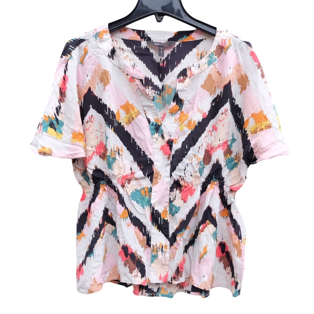 BCBGMaxAzria Silk Colorful Short Sleeve Cinched Waist Pullover Cute Shirt Top S